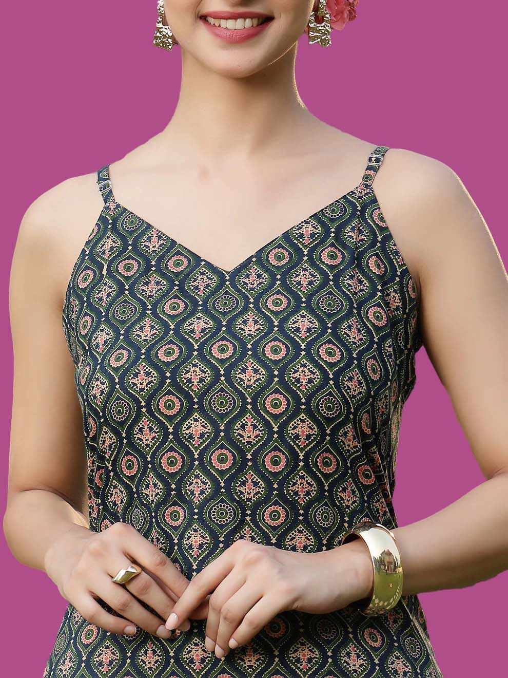 Green Printed Cotton Straight Kurta Pant Set