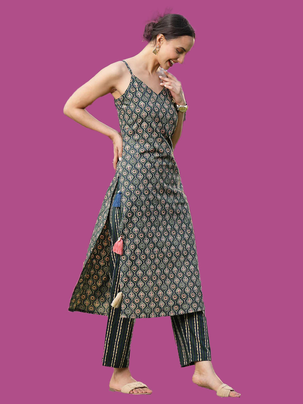 Green Printed Cotton Straight Kurta Pant Set