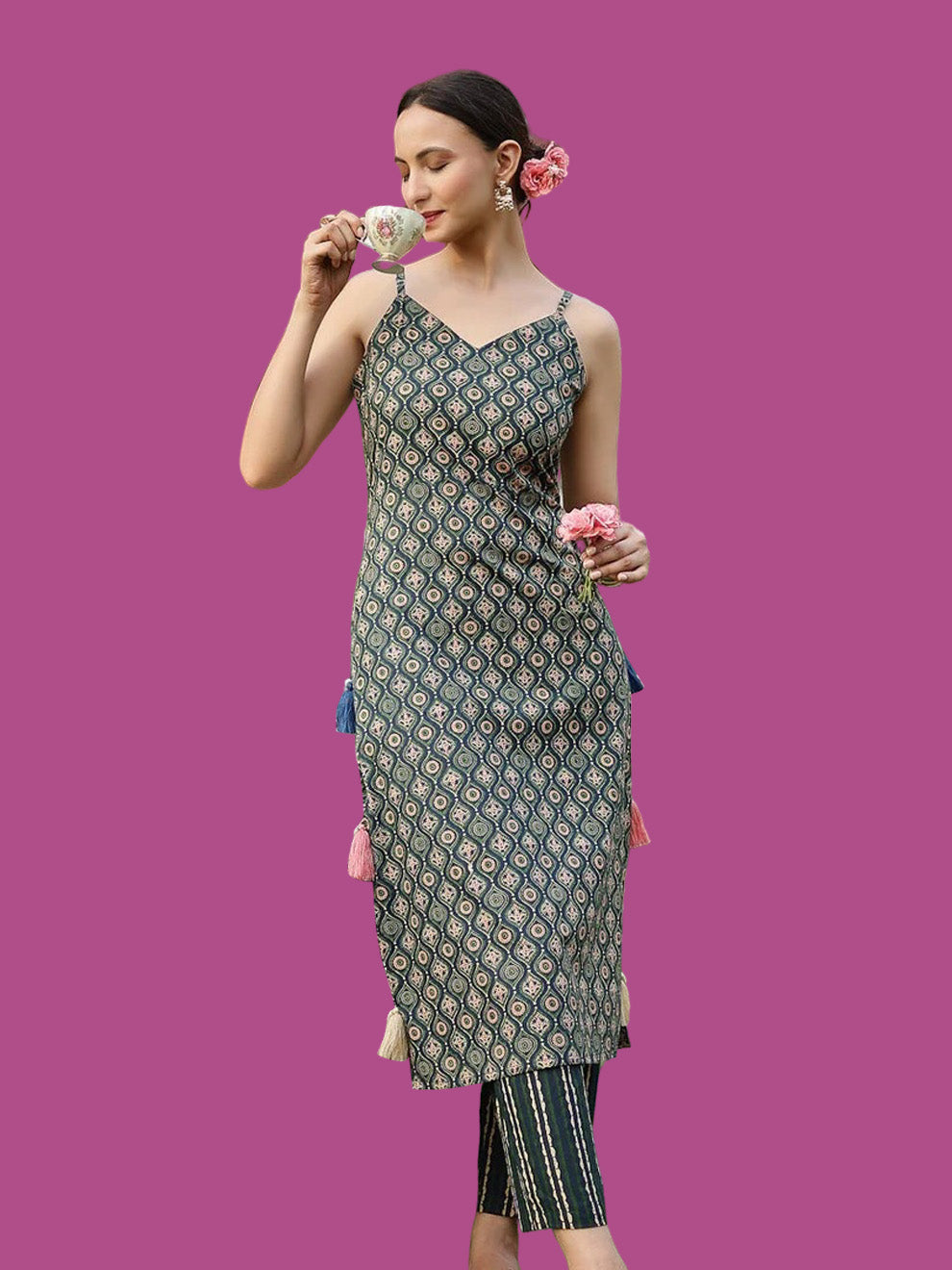 Green Printed Cotton Straight Kurta Pant Set