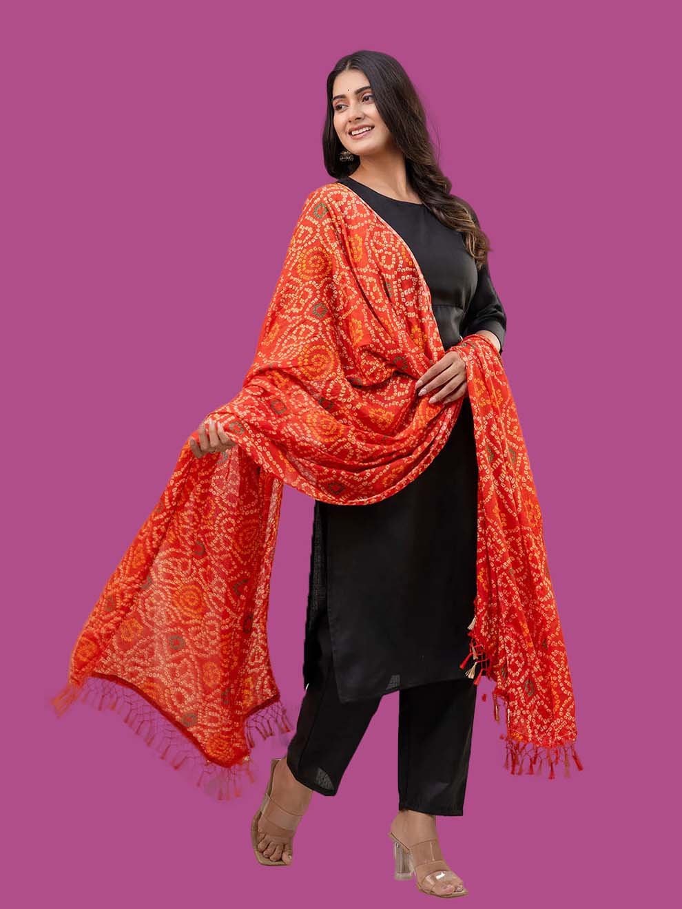 Black Straight Kurta Set With Printed Dupatta
