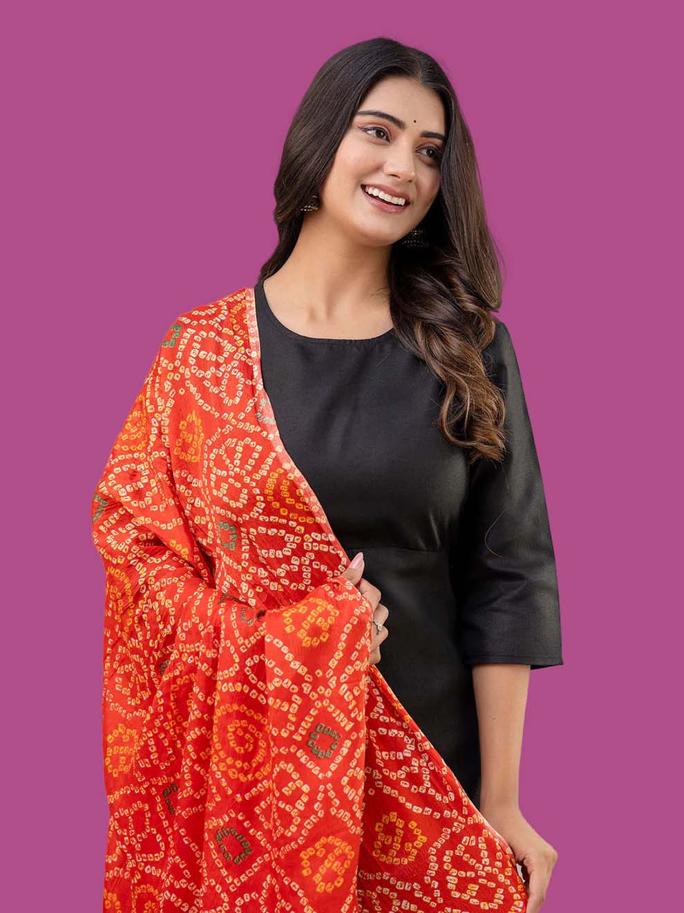 Black Straight Kurta Set With Printed Dupatta