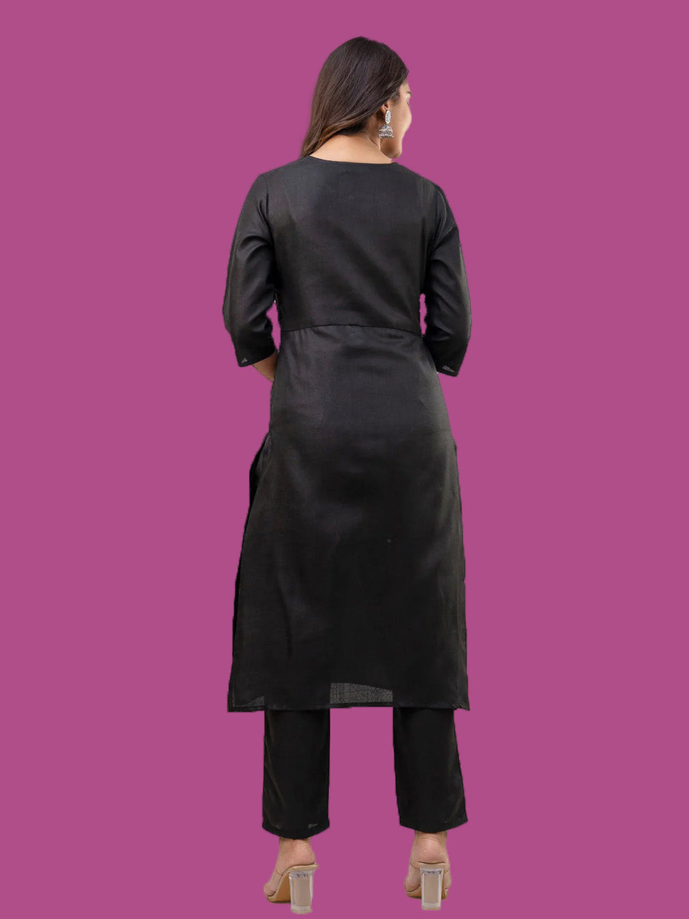 Black Straight Kurta Set With Printed Dupatta