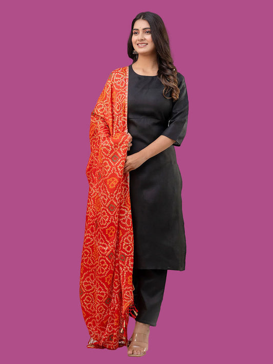Black Straight Kurta Set With Printed Dupatta
