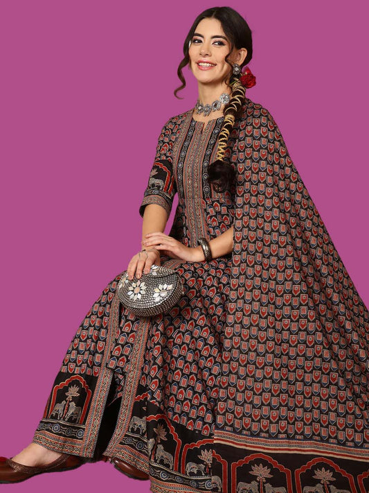 Cotton Calf Length Printed Flared 3/4 Sleeves Round Neck Kurta, Bottom With Dupatta