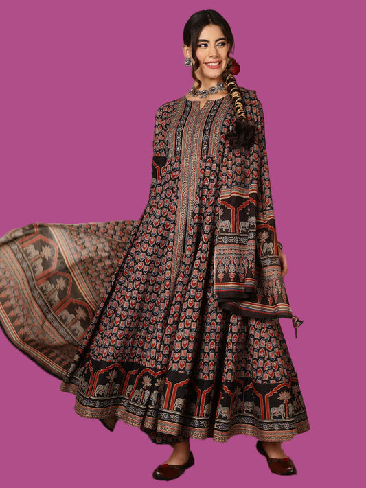 Cotton Calf Length Printed Flared 3/4 Sleeves Round Neck Kurta, Bottom With Dupatta