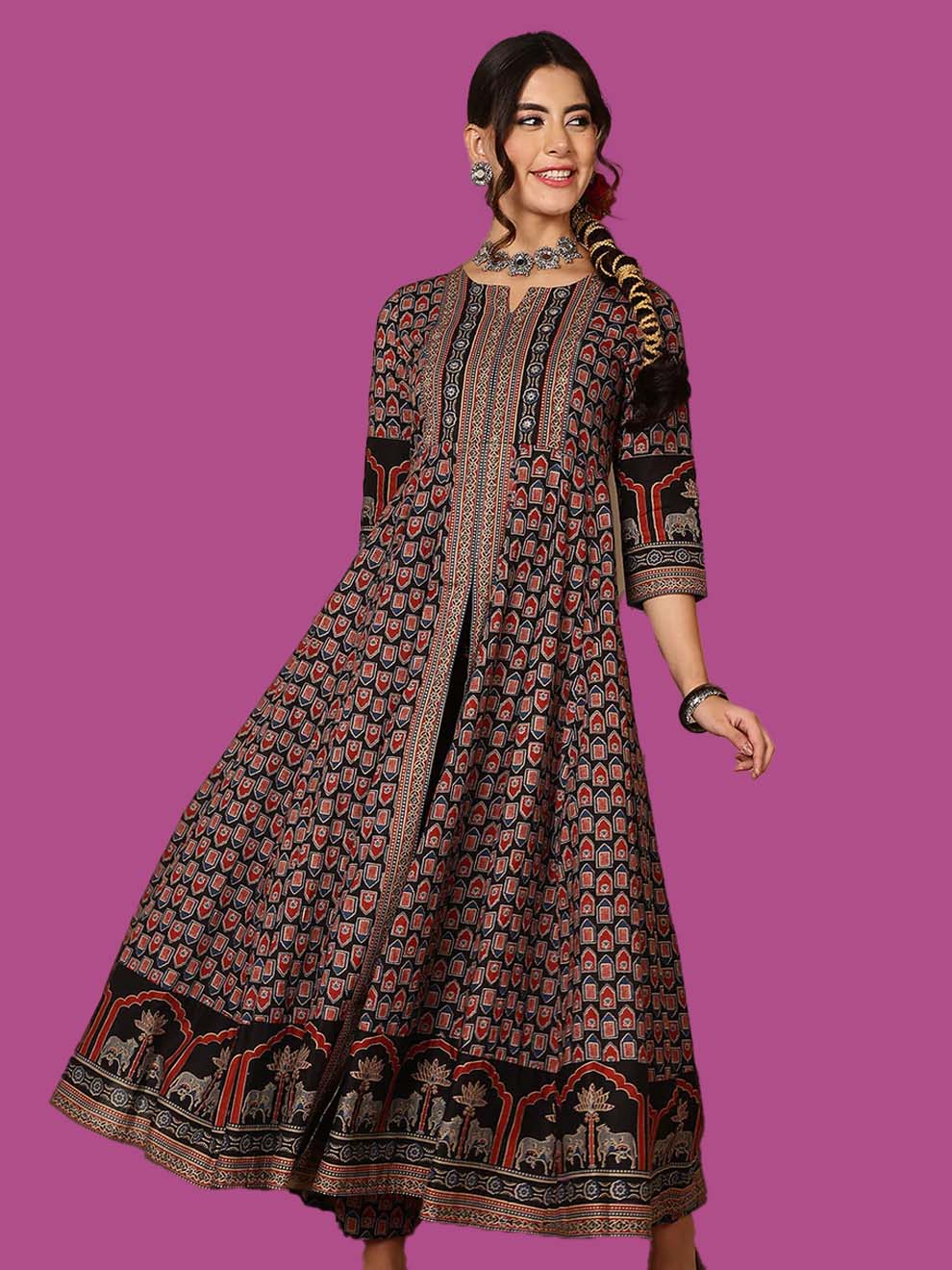 Cotton Calf Length Printed Flared 3/4 Sleeves Round Neck Kurta, Bottom With Dupatta