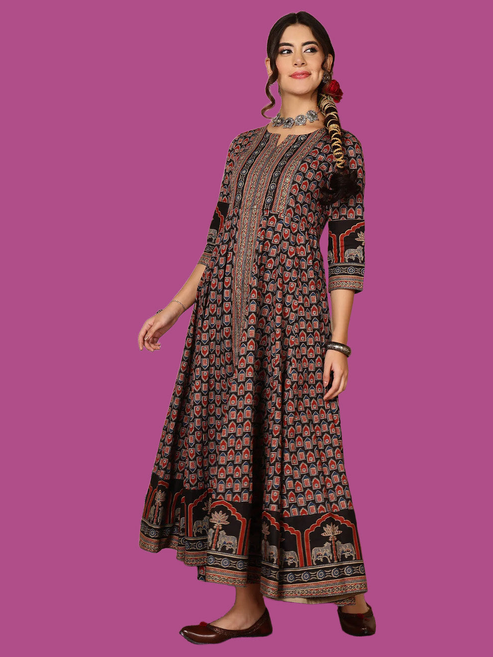 Cotton Calf Length Printed Flared 3/4 Sleeves Round Neck Kurta, Bottom With Dupatta