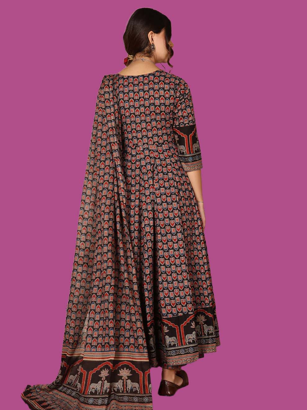 Cotton Calf Length Printed Flared 3/4 Sleeves Round Neck Kurta, Bottom With Dupatta
