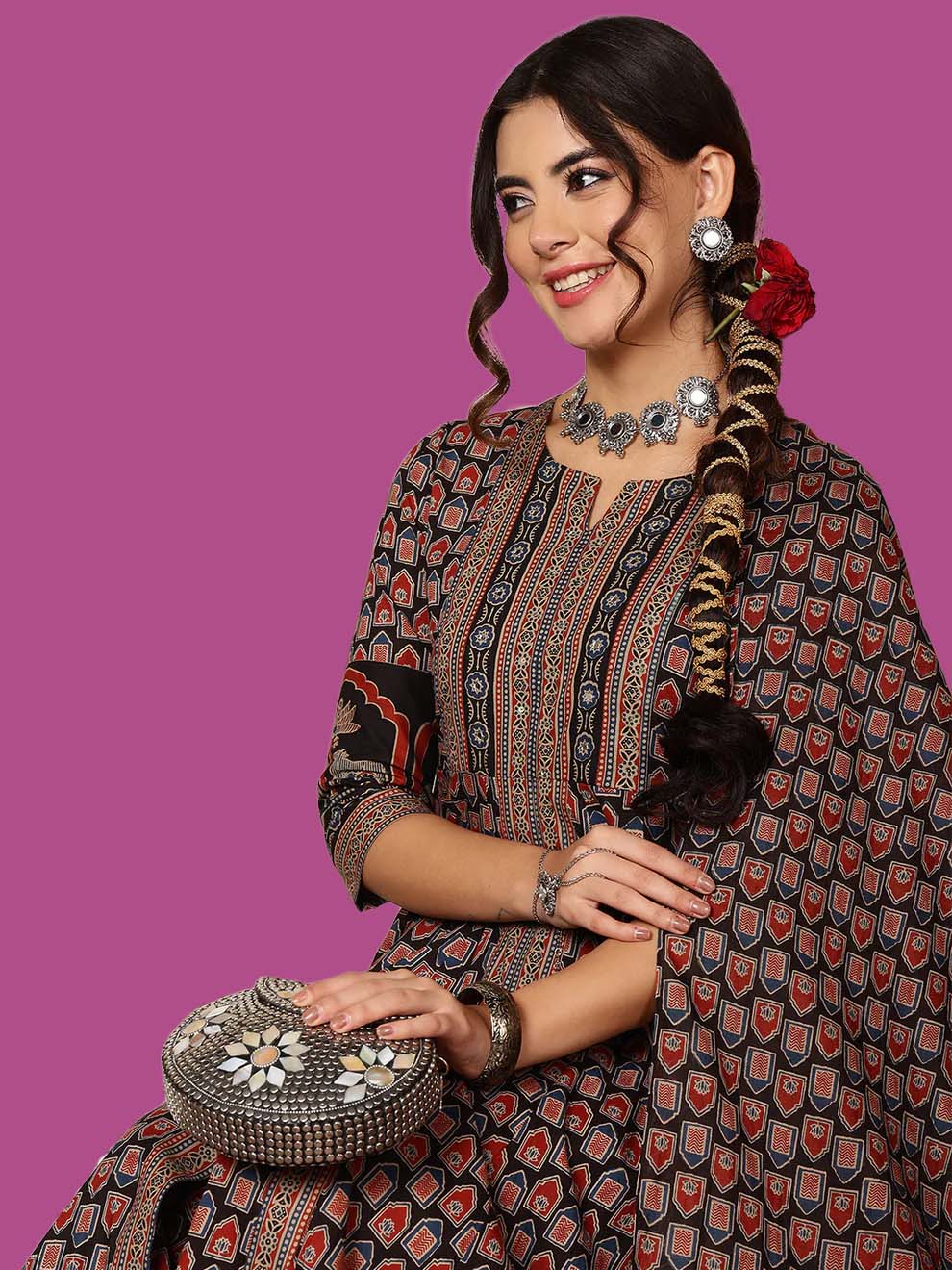 Cotton Calf Length Printed Flared 3/4 Sleeves Round Neck Kurta, Bottom With Dupatta