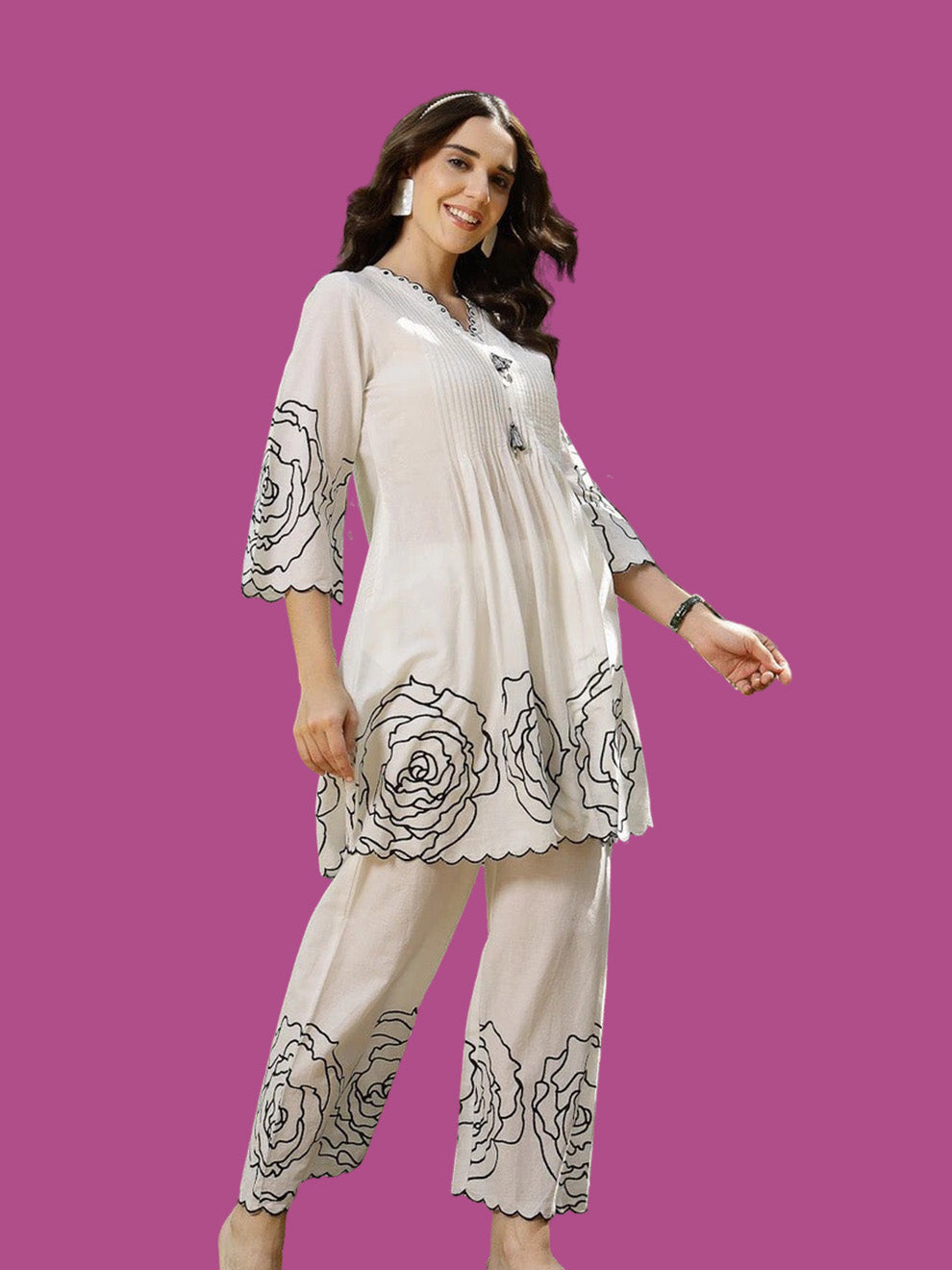 White Floral & Embroidered Cotton Co-ord Set