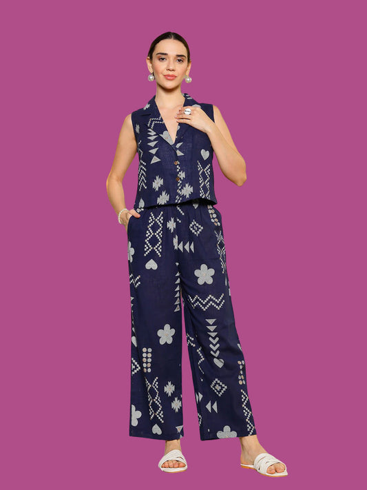 Blue Geometric Printed Rayon Slub Co-Ord Set