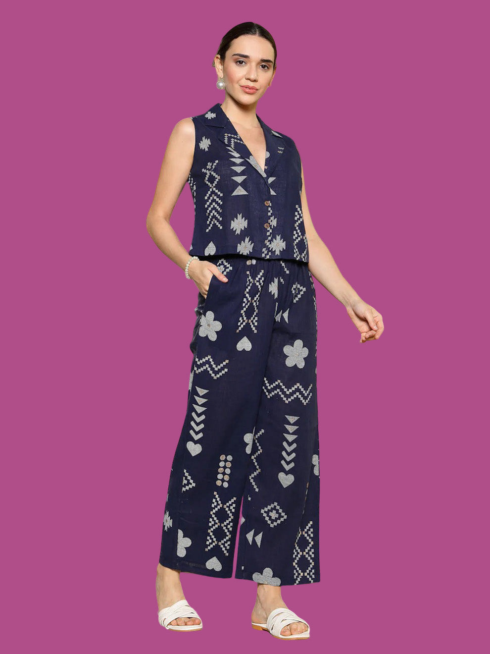 Blue Geometric Printed Rayon Slub Co-Ord Set