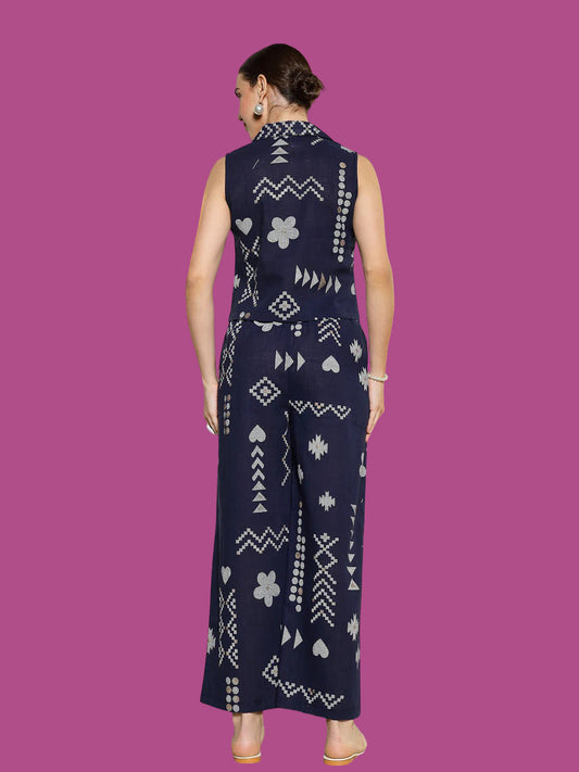 Blue Geometric Printed Rayon Slub Co-Ord Set