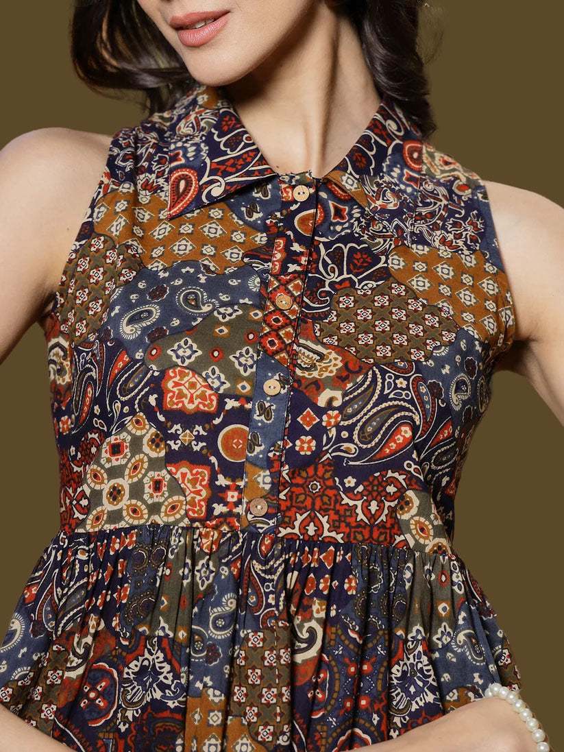 Multicolor Ethnic Printed Cotton Shirt Collar Top