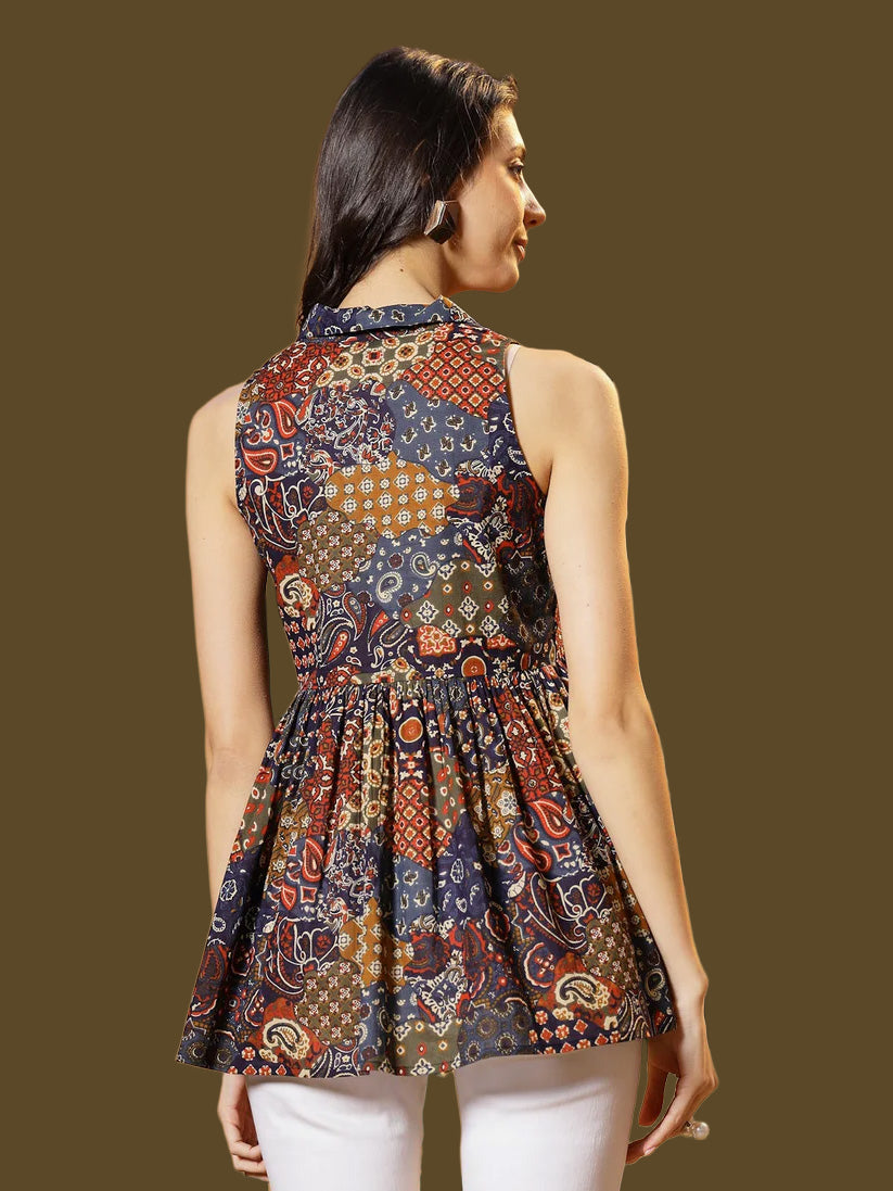 Multicolor Ethnic Printed Cotton Shirt Collar Top