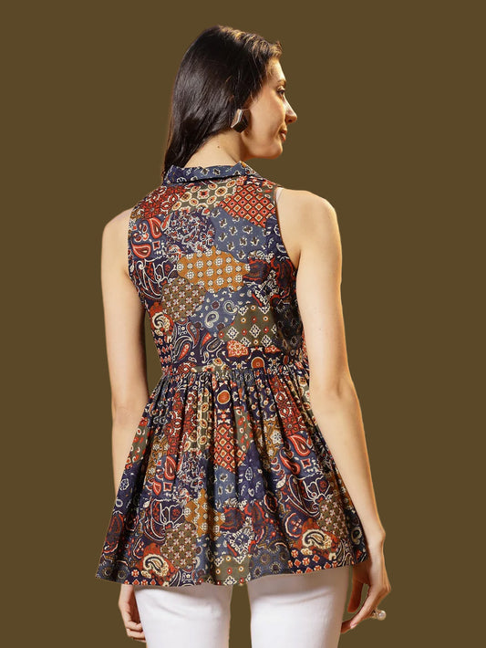 Multicolor Ethnic Printed Cotton Shirt Collar Top