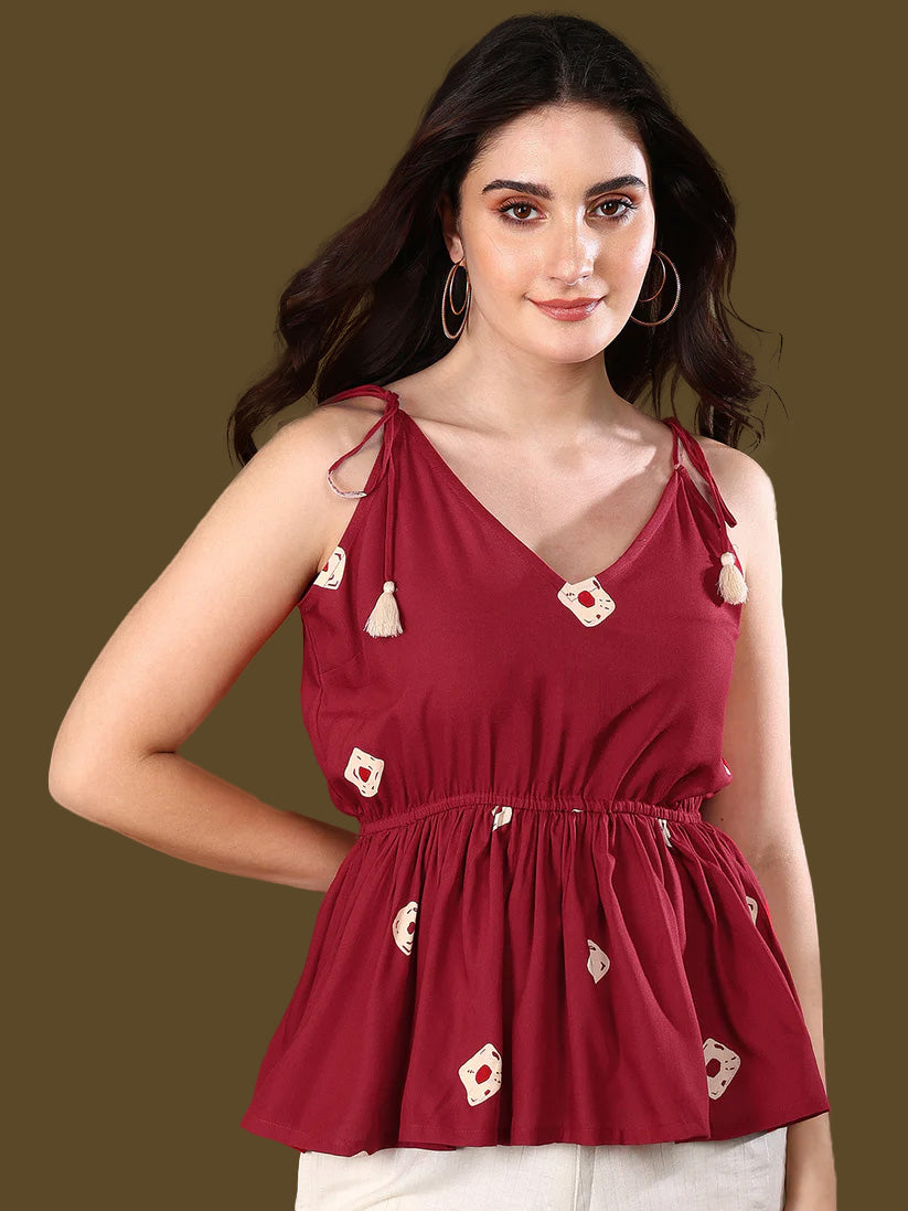 Maroon Bandhej Printed Rayon Short Peplum Top