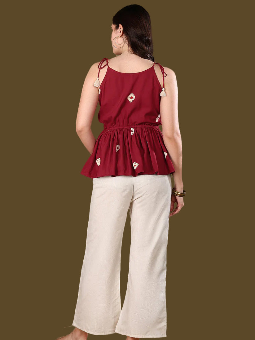 Maroon Bandhej Printed Rayon Short Peplum Top