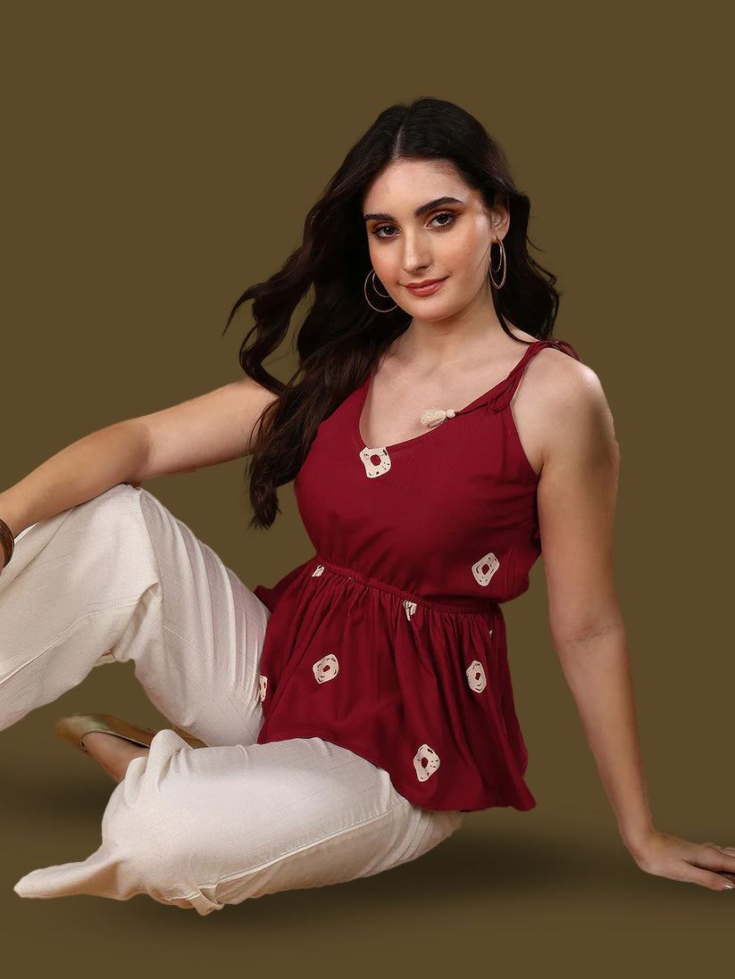 Maroon Bandhej Printed Rayon Short Peplum Top