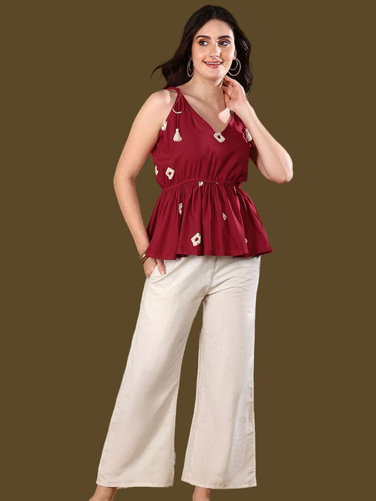 Maroon Bandhej Printed Rayon Short Peplum Top