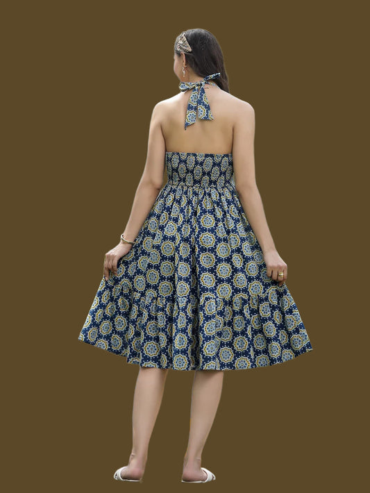 Blue Printed Cotton Tiered Dress