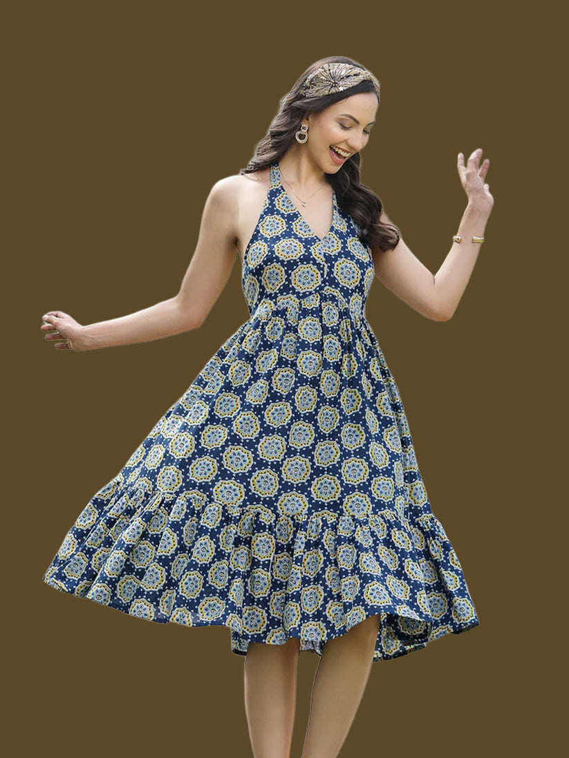 Blue Printed Cotton Tiered Dress