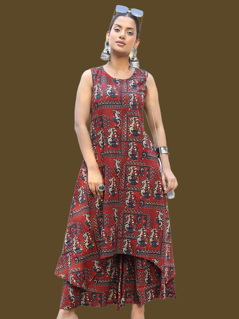 Rayon Calf Length Printed Assymetrical Sleeveless Sleeves Round Neck Kurta Bottom Set