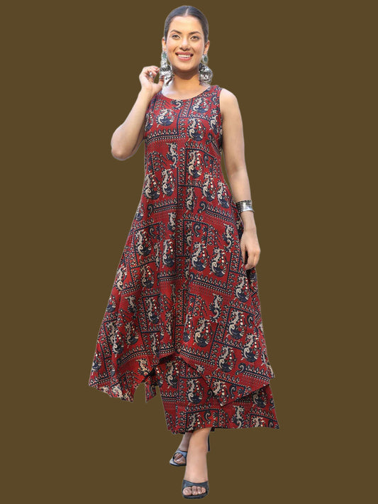 Rayon Calf Length Printed Assymetrical Sleeveless Sleeves Round Neck Kurta Bottom Set