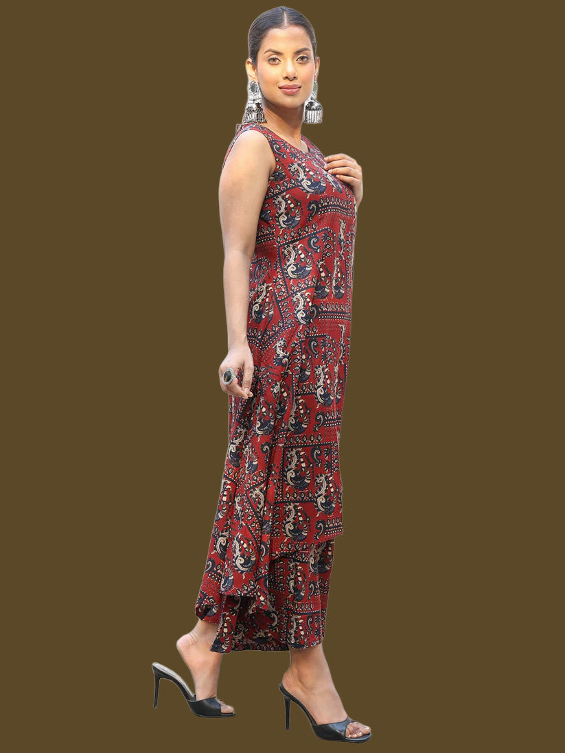 Rayon Calf Length Printed Assymetrical Sleeveless Sleeves Round Neck Kurta Bottom Set