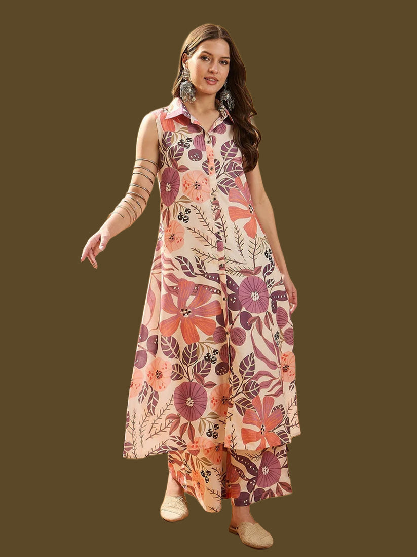 Multicolor Floral Printed Cotton Blend Kurta Palazzo Set