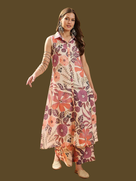 Multicolor Floral Printed Cotton Blend Kurta Palazzo Set