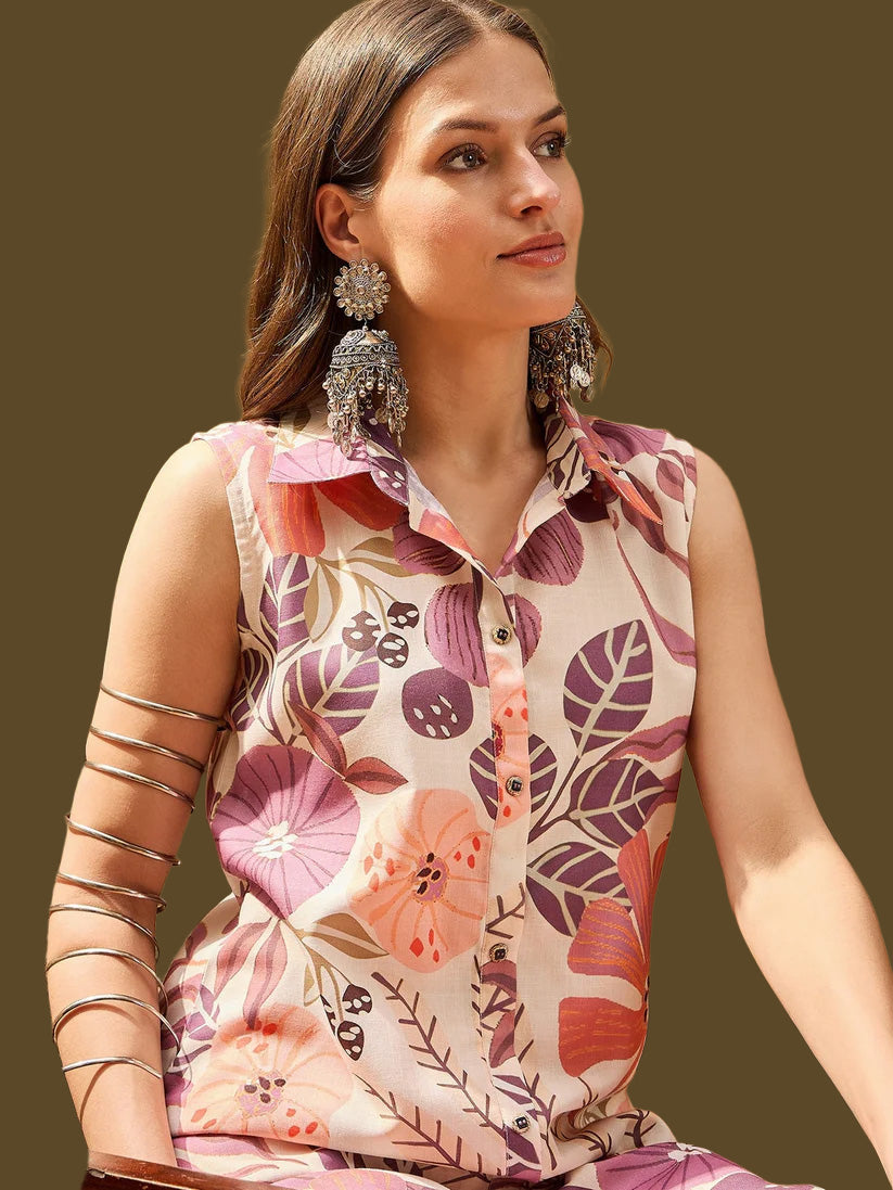Multicolor Floral Printed Cotton Blend Kurta Palazzo Set
