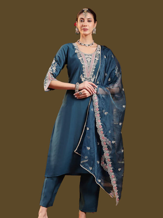 Blue Solid & Embroidered Roman Silk Straight Kurta Pant Dupatta Set