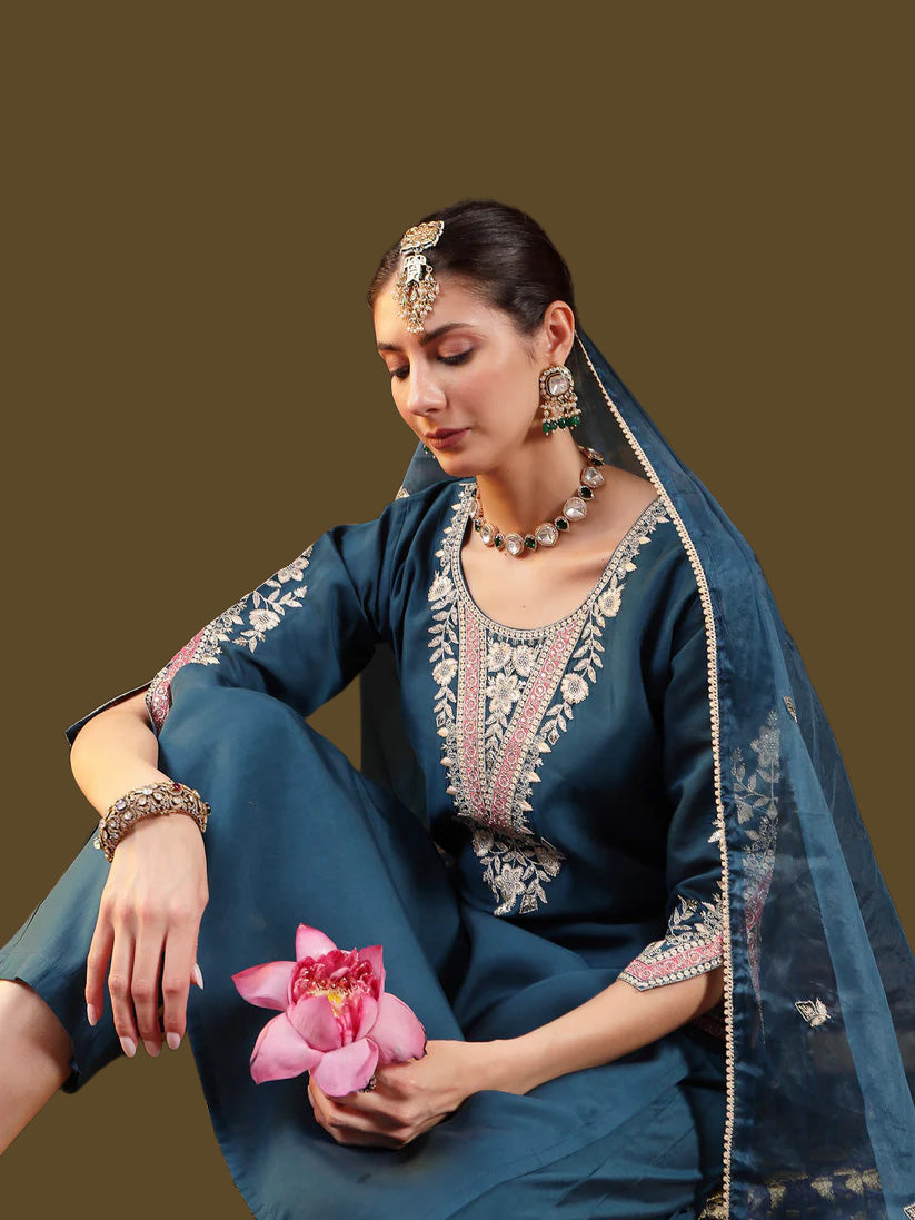 Blue Solid & Embroidered Roman Silk Straight Kurta Pant Dupatta Set