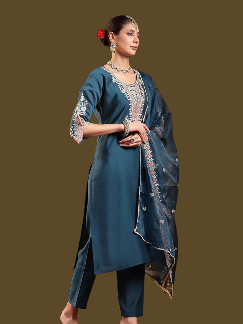 Blue Solid & Embroidered Roman Silk Straight Kurta Pant Dupatta Set