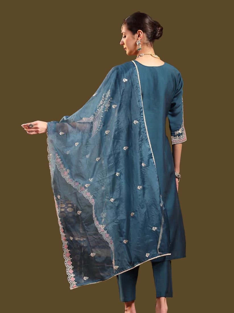 Blue Solid & Embroidered Roman Silk Straight Kurta Pant Dupatta Set