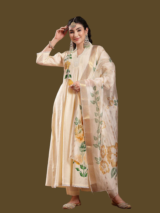 Cream Solid & Embroidered Roman Silk A-Line Kurta Pant Dupatta Set