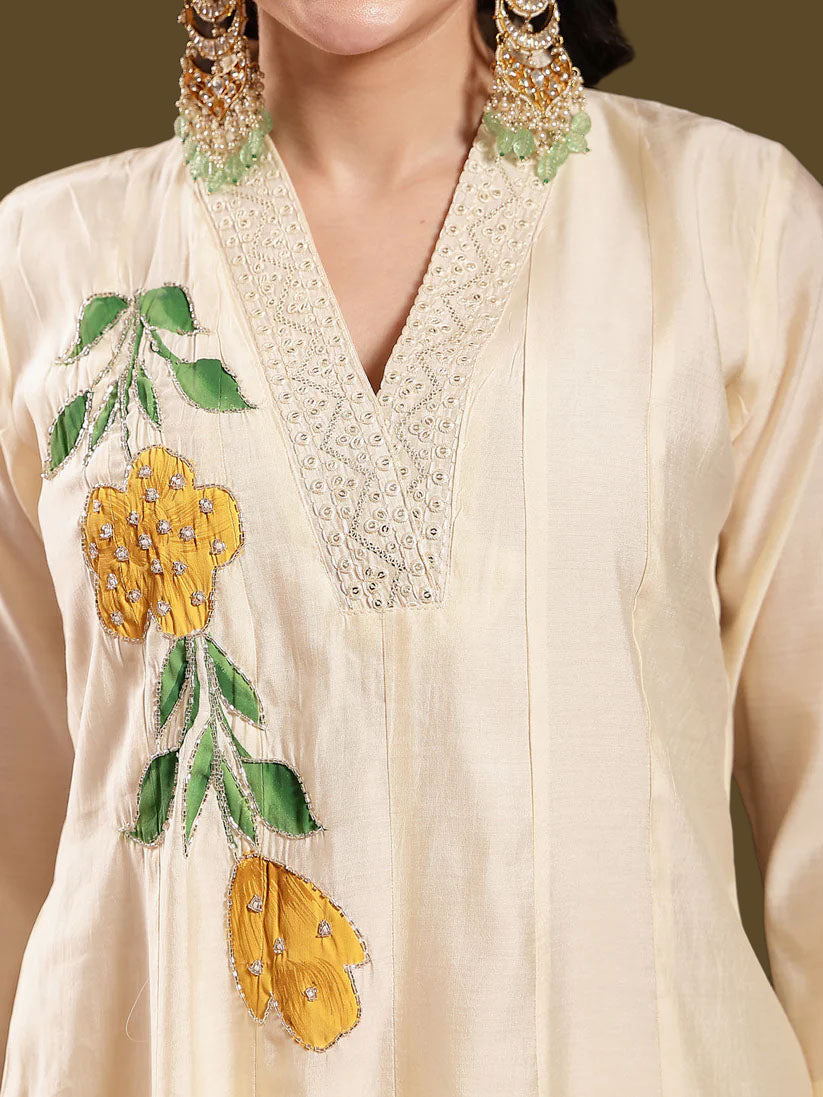 Cream Solid & Embroidered Roman Silk A-Line Kurta Pant Dupatta Set