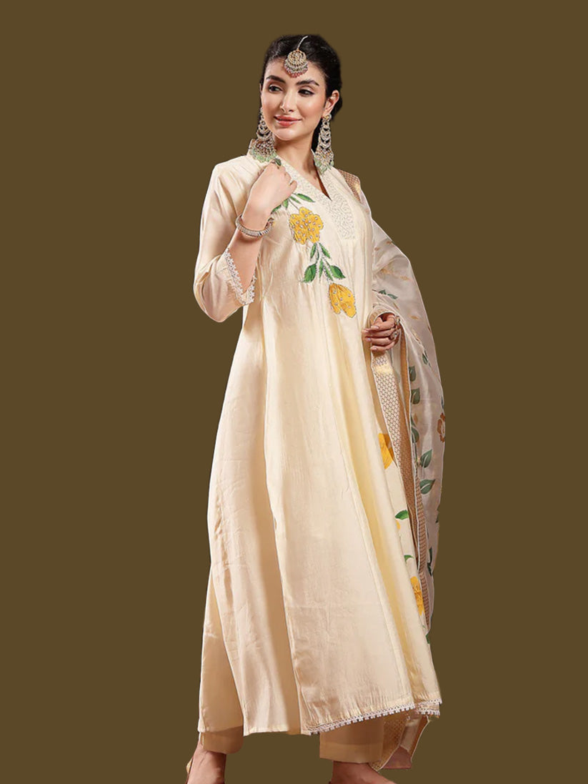 Cream Solid & Embroidered Roman Silk A-Line Kurta Pant Dupatta Set