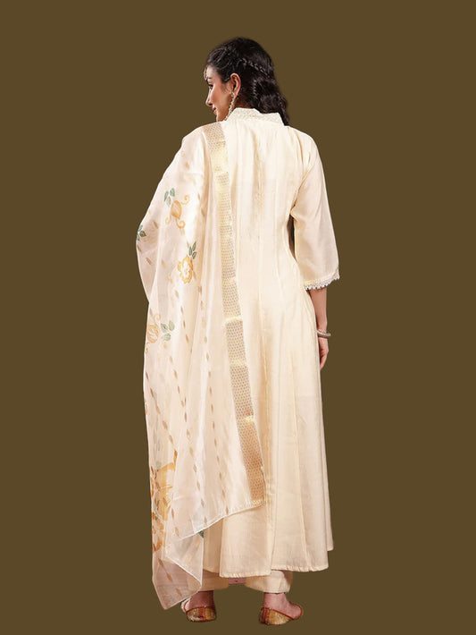 Cream Solid & Embroidered Roman Silk A-Line Kurta Pant Dupatta Set