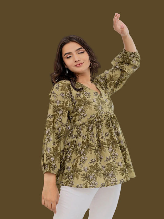 Green Printed V-Neck Peplum Tunic