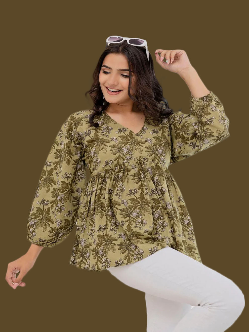 Green Printed V-Neck Peplum Tunic