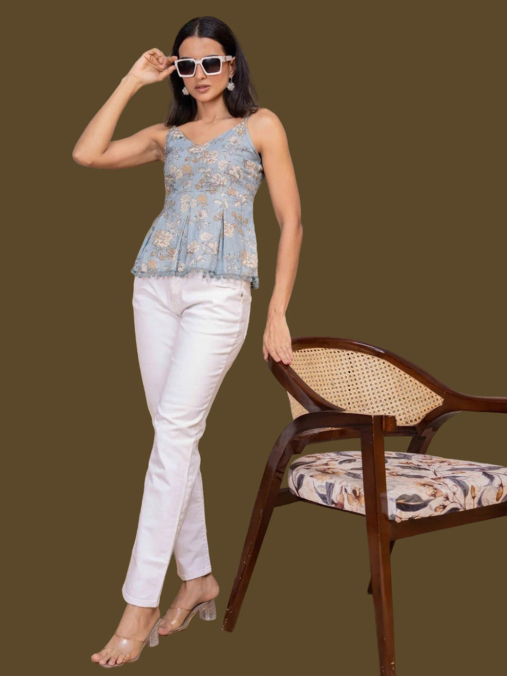 Blue Printed Sleeveless Top