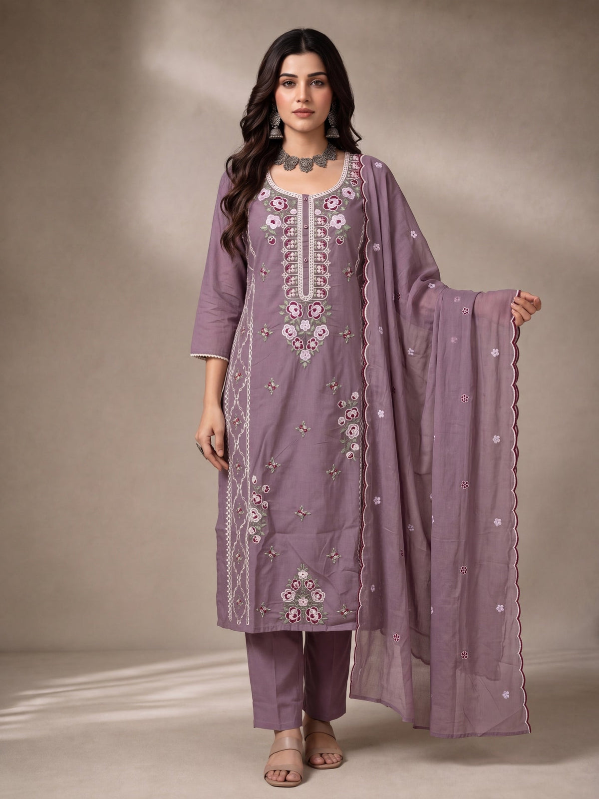 Mul Chanderi Embroidery Straight Lining Kurta Pant Dupatta Set