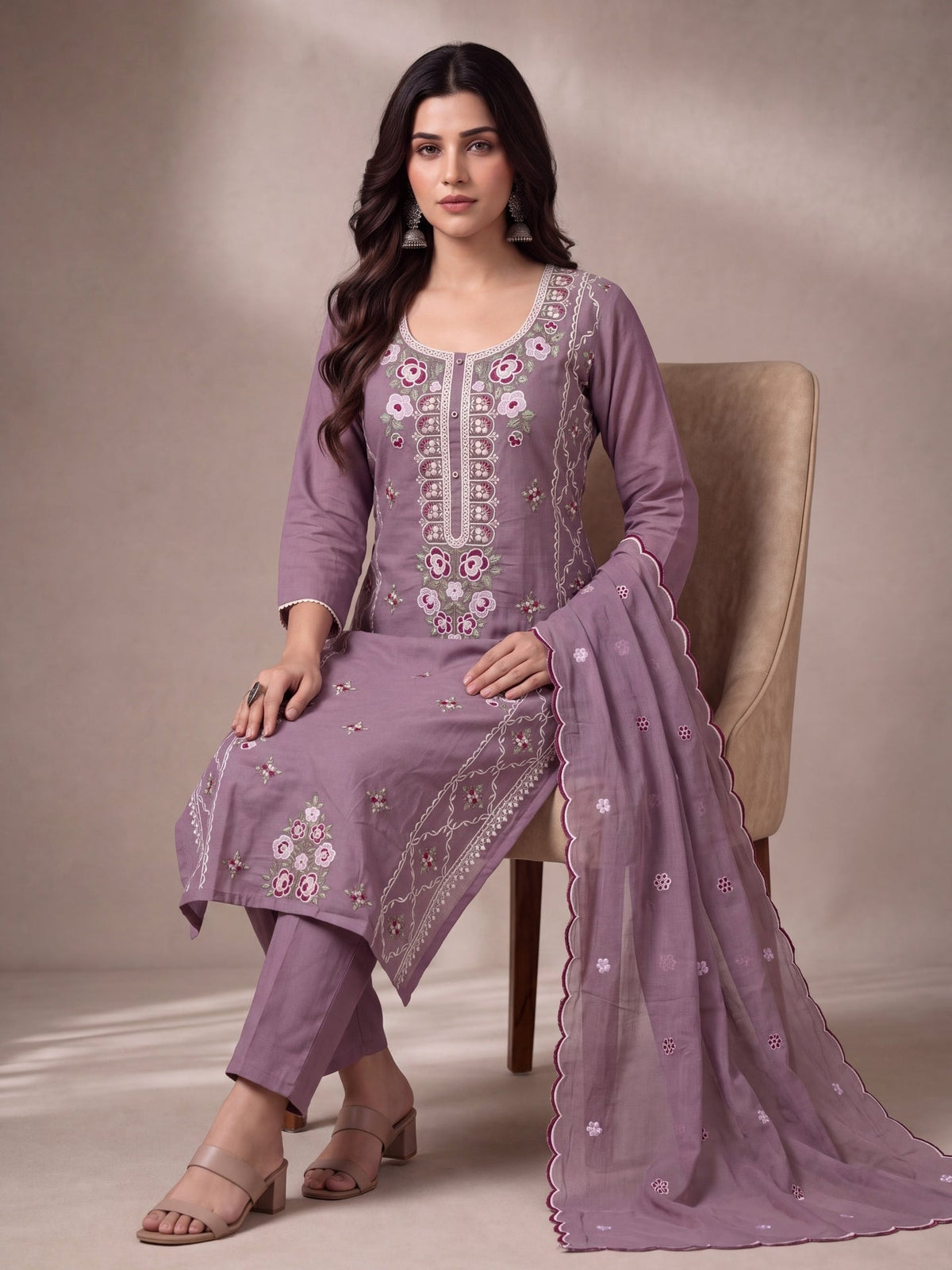 Mul Chanderi Embroidery Straight Lining Kurta Pant Dupatta Set