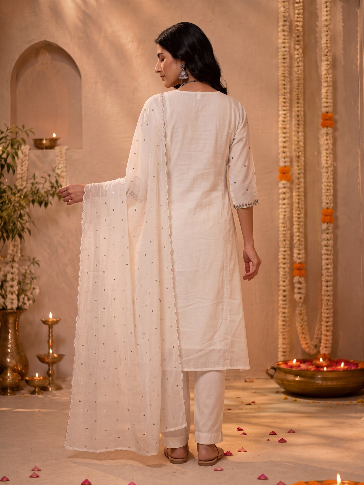 Mul Chanderi Flared Kurta Pant Dupatta Set