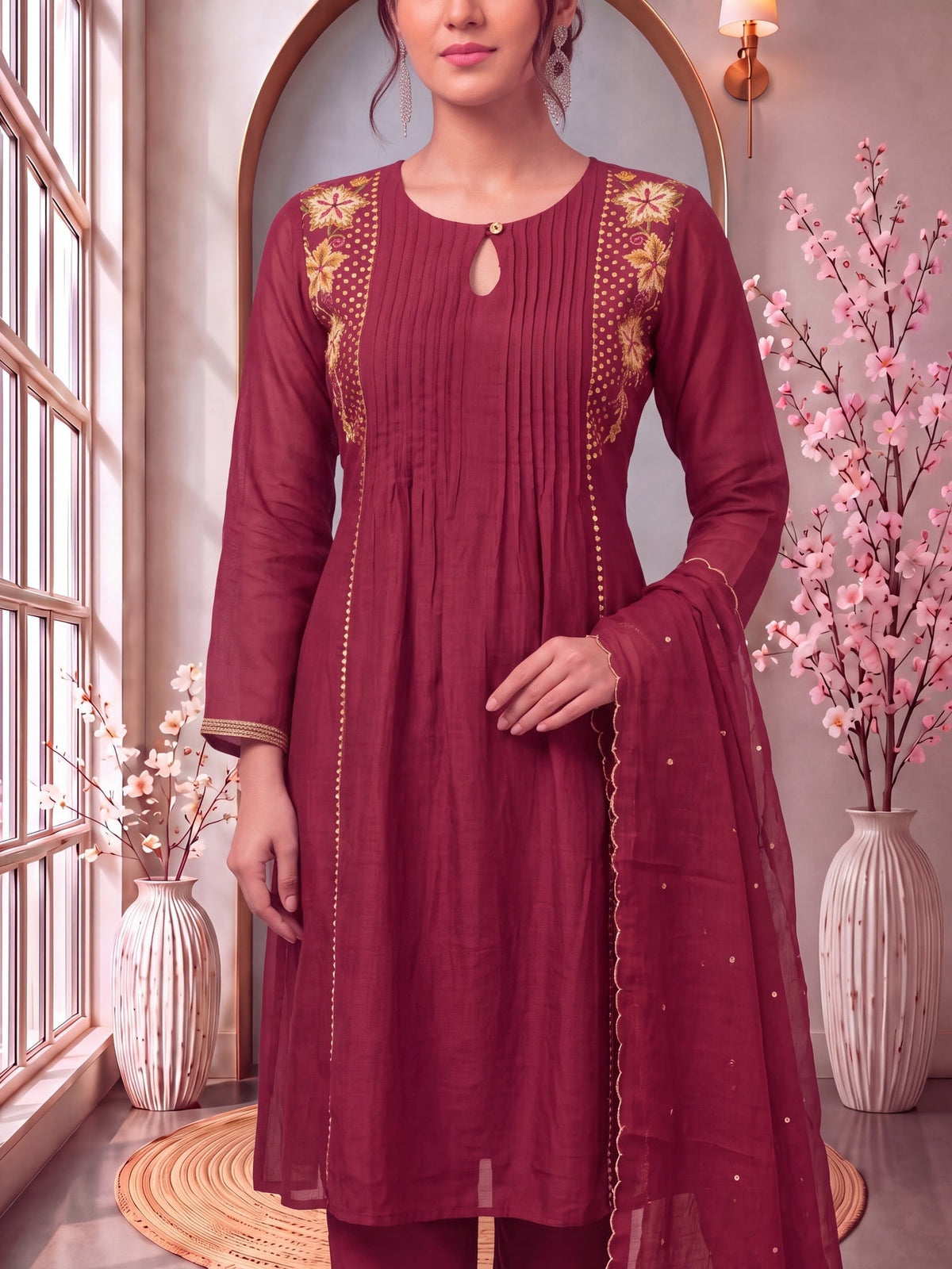 Mul Chanderi Pintuck Pleated Kurta Pant Dupatta Set
