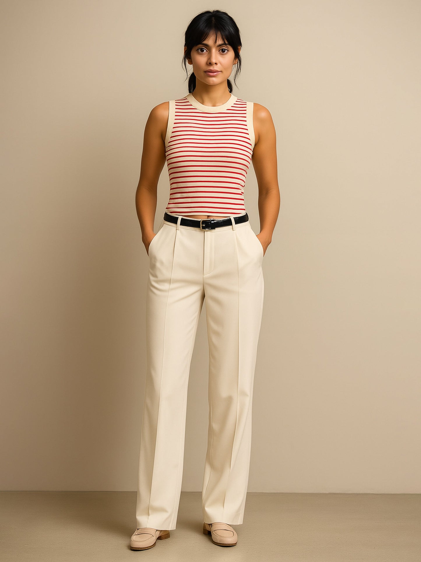 Women Red & Beige Stripes Sleeveless Crop Baby Tee