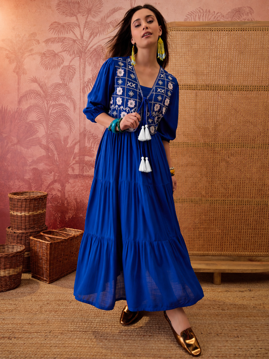 Solid & Embroidered Rayon Tiered Dress With Jacket
