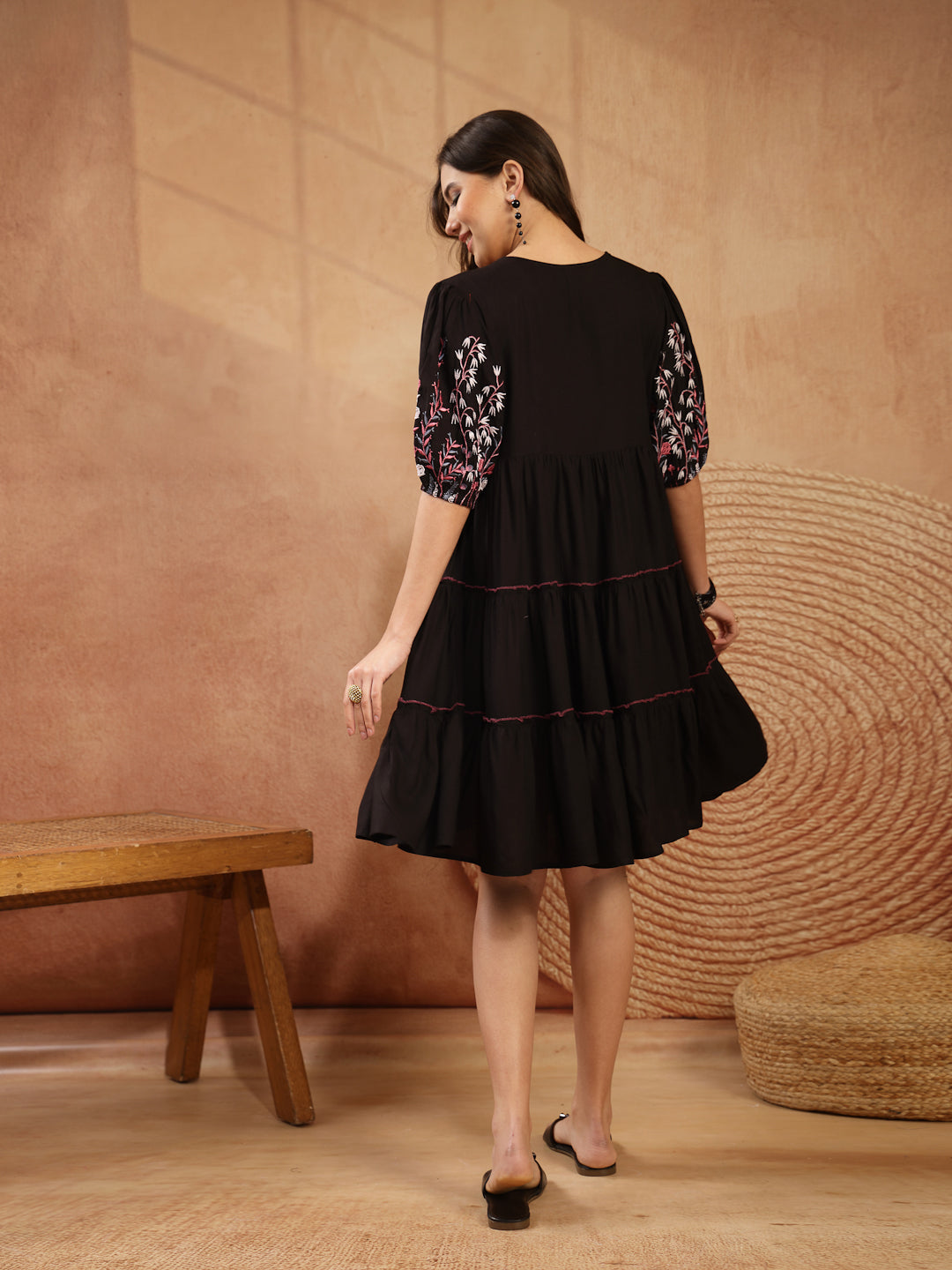 Solid & Embroidered Rayon Tiered Dress